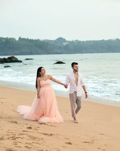 G1142, Peach TubeTop Frilled long Trail Shoot Gown Size: All, Color: All