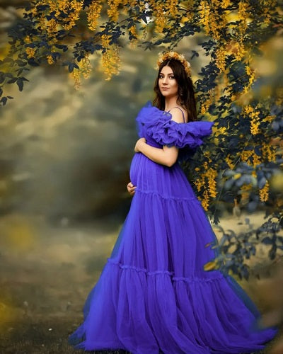 G1044, Royal Purple Frilled Maternity Shoot Trail Gown Size: All, Color: All