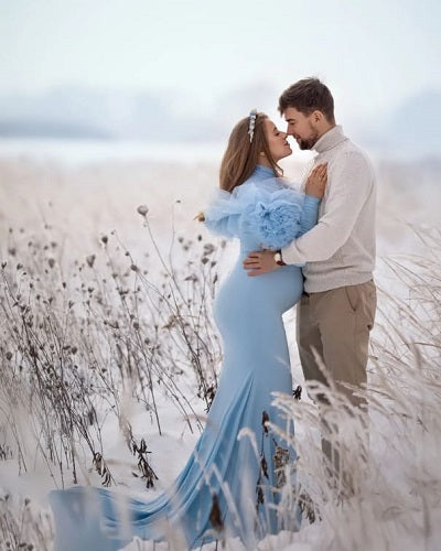 G1046, Ice Blue Body fit Ruffled Maternity Shoot Gown, Size: All, Color: All