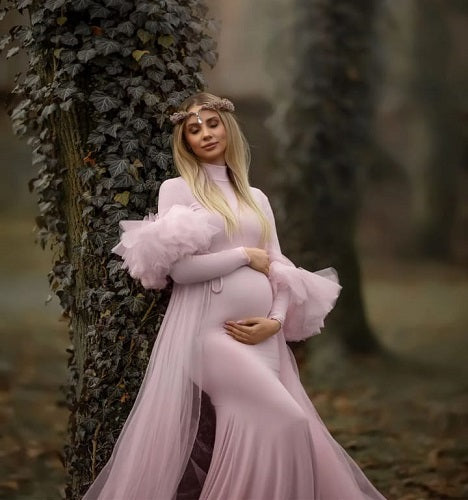 G1047, Nude Pink Body Fit Ruffled Maternity Shoot Trail Gown, Size: All, Color: All