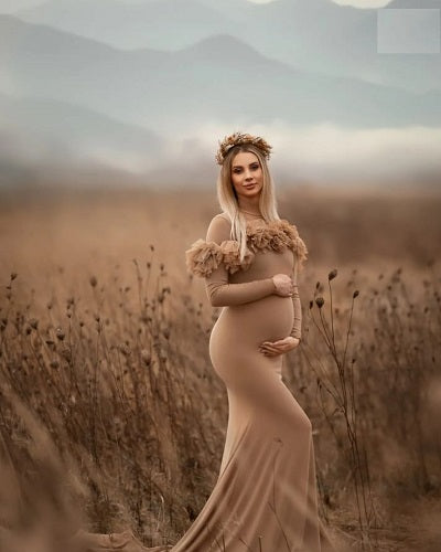 G1048, Saddle Brown Body Fit Maternity Shoot Trail Gown, Size: All, Color: All