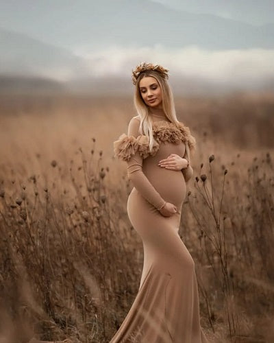 G1048, Saddle Brown Body Fit Maternity Shoot Trail Gown, Size: All, Color: All
