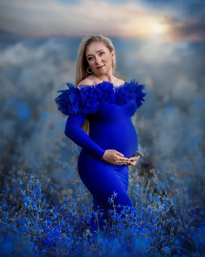 G1049, Royal Blue Body Fit Ruffled Maternity Shoot Trail Gown, Size: All, Color: All
