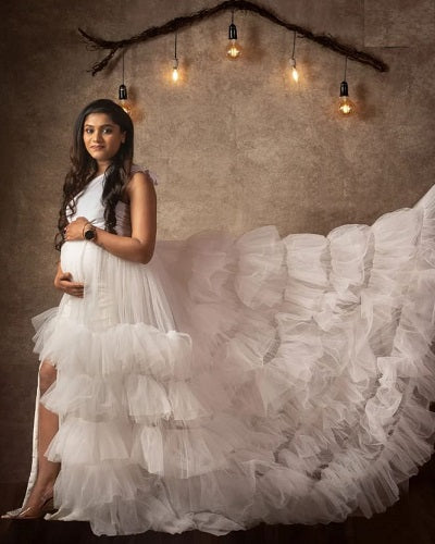 W2013, White One Shoulder Slit Cut Ruffled Maternity Shoot Trail Gown Size: All, Color: All