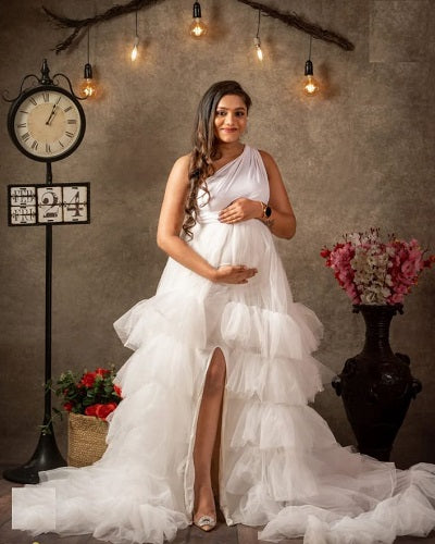 W2013, White One Shoulder Slit Cut Ruffled Maternity Shoot Trail Gown Size: All, Color: All