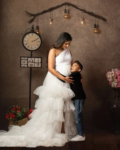 W2013, White One Shoulder Slit Cut Ruffled Maternity Shoot Trail Gown Size: All, Color: All
