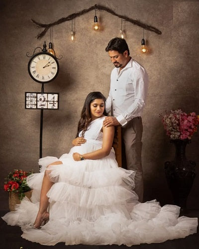 W2013, White One Shoulder Slit Cut Ruffled Maternity Shoot Trail Gown Size: All, Color: All