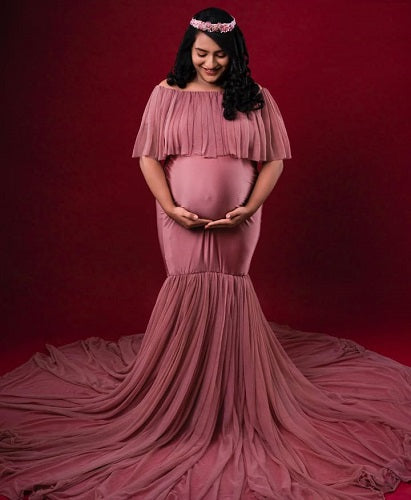 G508 , Peach Maternity Shoot Baby Shower Trail Gown, Size: All, Color: All