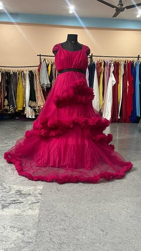 G648, Dark Magenta Puffy Maternity Shoot Baby Shower Trail Gown, Size: All, Color: All