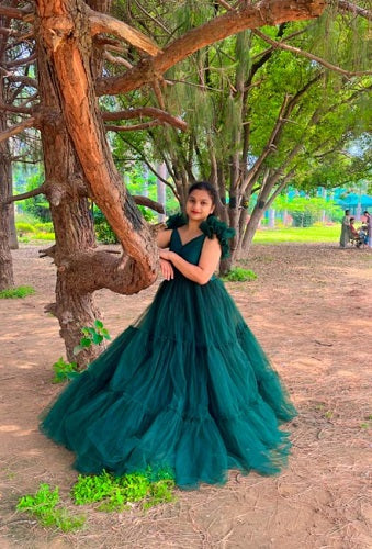 G2049, Bottle Green Ruffled Maternity Shoot Trail Gown: All, Color: All