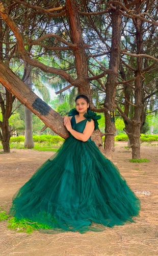 G2049, Bottle Green Ruffled Maternity Shoot Trail Gown: All, Color: All