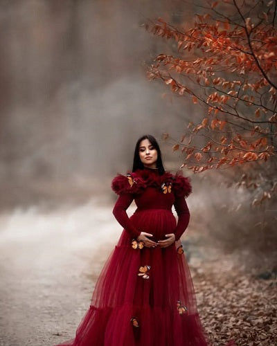 G1023, Red Wine Ruffled Maternity Shoot Trail Gown Size: All, Color: All