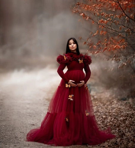 G1023, Red Wine Ruffled Maternity Shoot Trail Gown Size: All, Color: All