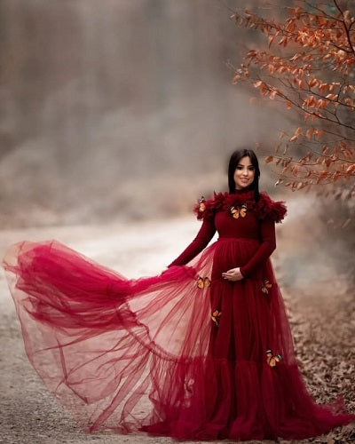 G1023, Red Wine Ruffled Maternity Shoot Trail Gown Size: All, Color: All