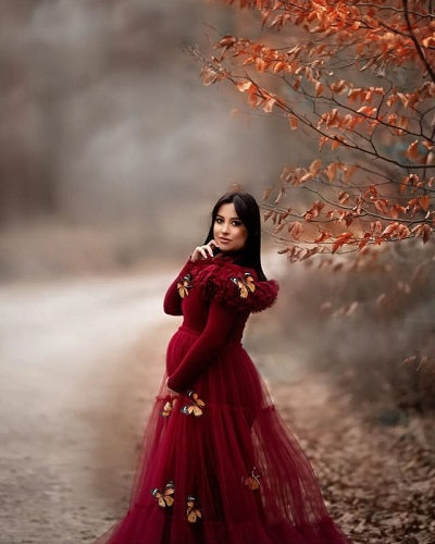 G1023, Red Wine Ruffled Maternity Shoot Trail Gown Size: All, Color: All