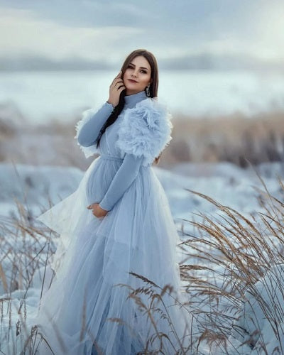 G1025, Ice Blue Frilled Maternity Shoot Trail Gown, Size: All, Color: All