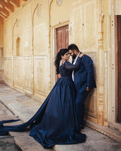 G329, Navy blue Satin Semi Off Shoulder Full Sleeves Prewedding Shoot Trail Ball Gown Size: All, Color: All