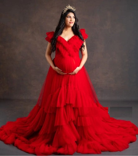 G655, Red Ruffled Maternity Shoot Trail Gown Size: All, Color: All
