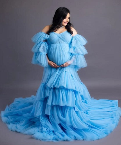 G1026,Sky Blue Ruffled Maternity Shoot Trail Gown, Size: All, Color: All