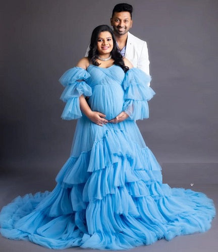 G1026,Sky Blue Ruffled Maternity Shoot Trail Gown, Size: All, Color: All
