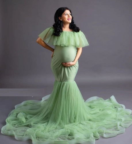 G608, Lime Green Ruffled Maternity Shoot Gown, Size: All, Color: All