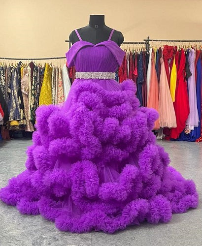 G2033, Luxury Purple Ruffled Long Trail Ball Gown, Size: All, Color: All