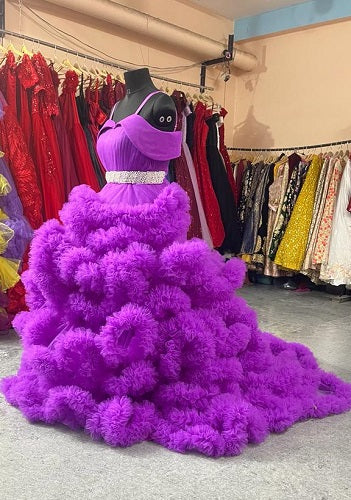 G2033, Luxury Purple Ruffled Long Trail Ball Gown, Size: All, Color: All