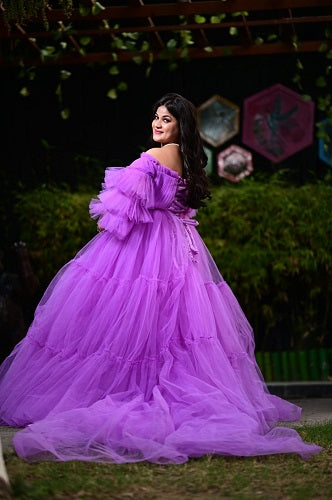 G2018, Royal Purple Frilled Long Trail Gown Size: All, Color: All