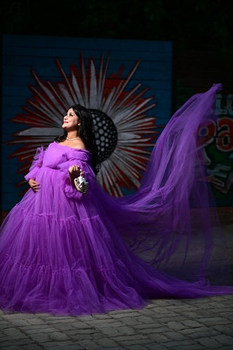 G2018, Royal Purple Frilled Long Trail Gown Size: All, Color: All
