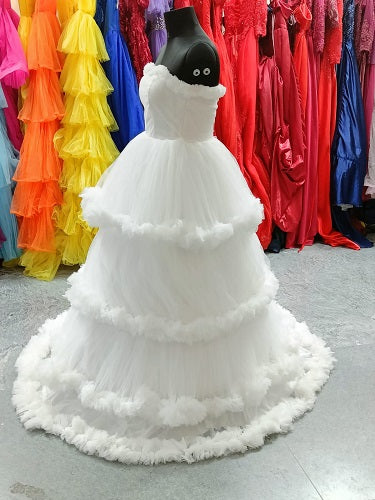 W259, White Tube Ruffled Ball Gown, Size: All, Color: All