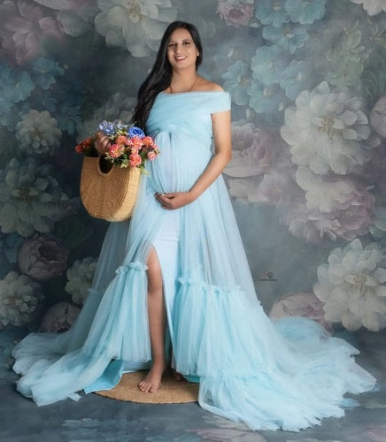 G1128, Light Blue Slit Cut Ruffled Maternity Shoot Trail Gown, Size: All, Color: All