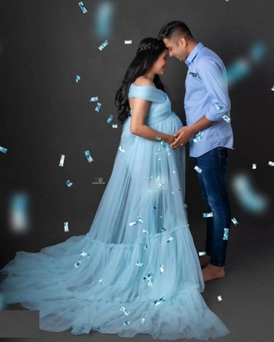G1128, Light Blue Slit Cut Ruffled Maternity Shoot Trail Gown, Size: All, Color: All