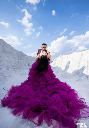 G755, Purple Ruffle Long Trail Shoot Gown, Size: All, Color: All