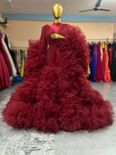 G2047, Wine Frilled Maternity Shoot Gown, Size: All, Color: All