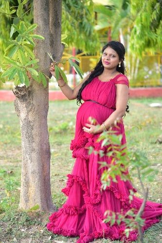 G648, Dark Magenta Puffy Maternity Shoot Baby Shower Trail Gown, Size: All, Color: All
