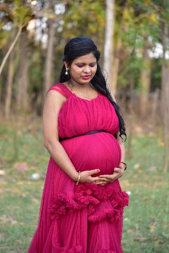 G648, Dark Magenta Puffy Maternity Shoot Baby Shower Trail Gown, Size: All, Color: All