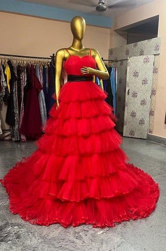 G4040, Red Ruffle Long Trail Shoot Gown, Size: All, Color: All