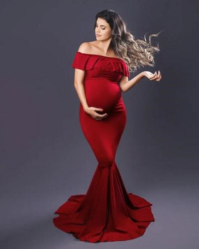 G342, Wine Off Shoulder Maternity Shoot Gown Sizw: All, Color: All