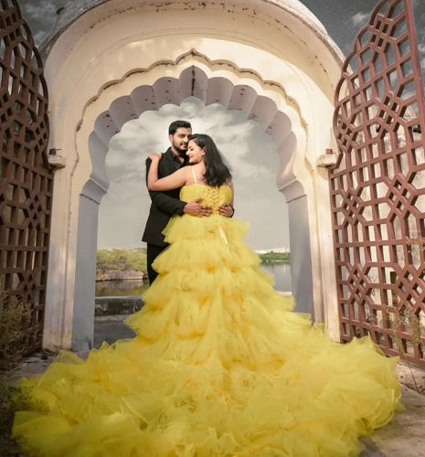 G640, Luxury Yellow Ruffle Long Trail Ball Gown, Size: All, Color: All