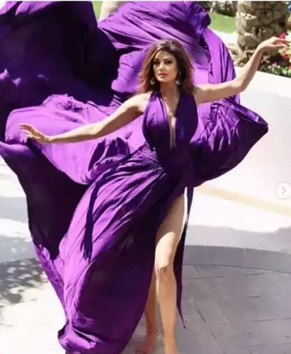 G906, Dark Purple Satin Slit Cut Long Trail Shoot Gown, Size: All, Color: All