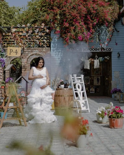 W558, White Ruffled Maternity Shoot Baby Shower Trail Gown Size: All, Color: All