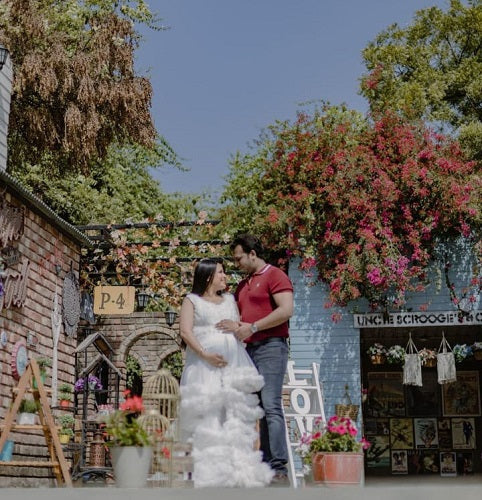 W558, White Ruffled Maternity Shoot Baby Shower Trail Gown Size: All, Color: All