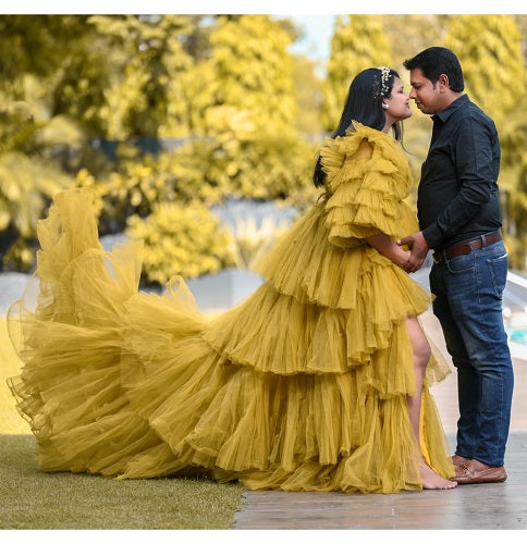 G552, Green Tea Ruffled Slit Cut Maternity Shoot Gown, Size: All, Color: All