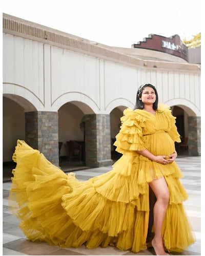 G552, Green Tea Ruffled Slit Cut Maternity Shoot Gown, Size: All, Color: All