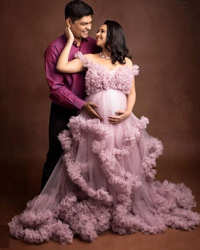 G1131, Lilac Ruffled Maternity Shoot Trail Gown With Inner, Size: All, Color: All