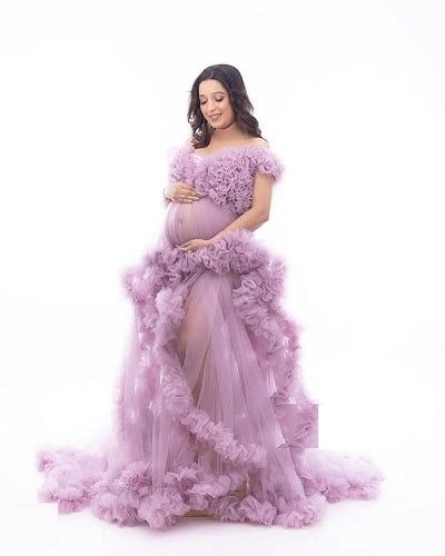 G1131, Lilac Ruffled Maternity Shoot Trail Gown With Inner, Size: All, Color: All
