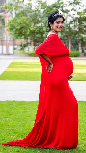 G246,Red Wine Maternity Shoot Baby Shower Trail Lycra Fit Gown, Size: All, Color: All