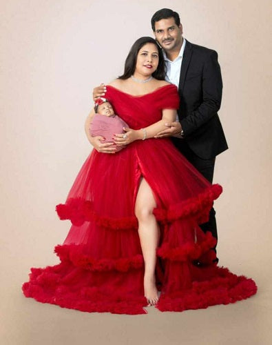 G968, Wine Slit Cut Puffy Frills Maternity Trail Gown Size: All, Color: All