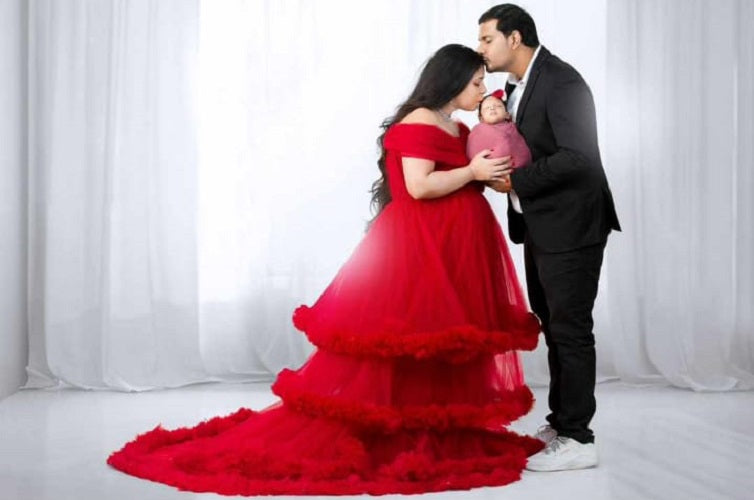 G968, Wine Slit Cut Puffy Frills Maternity Trail Gown Size: All, Color: All