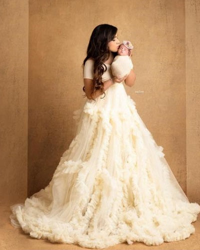 G2118, Cream Ruffled Slit Cut Maternity Shoot Trail Gown Size: All, Color: All